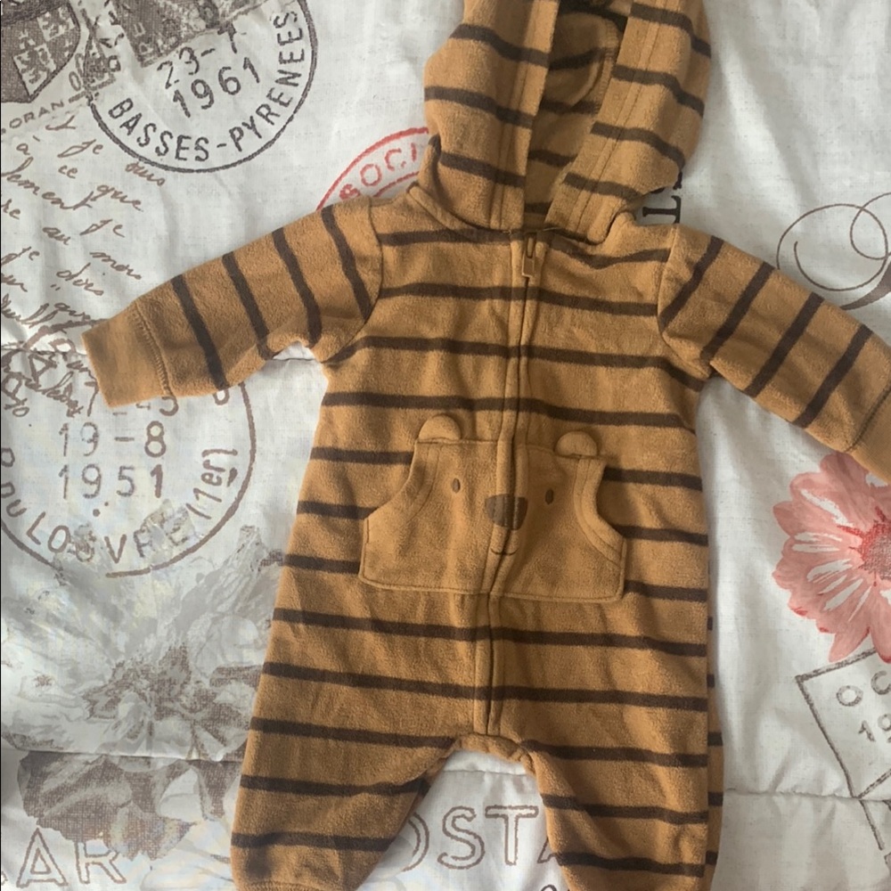 Striped Brown Bear Hooded Kids One Piece